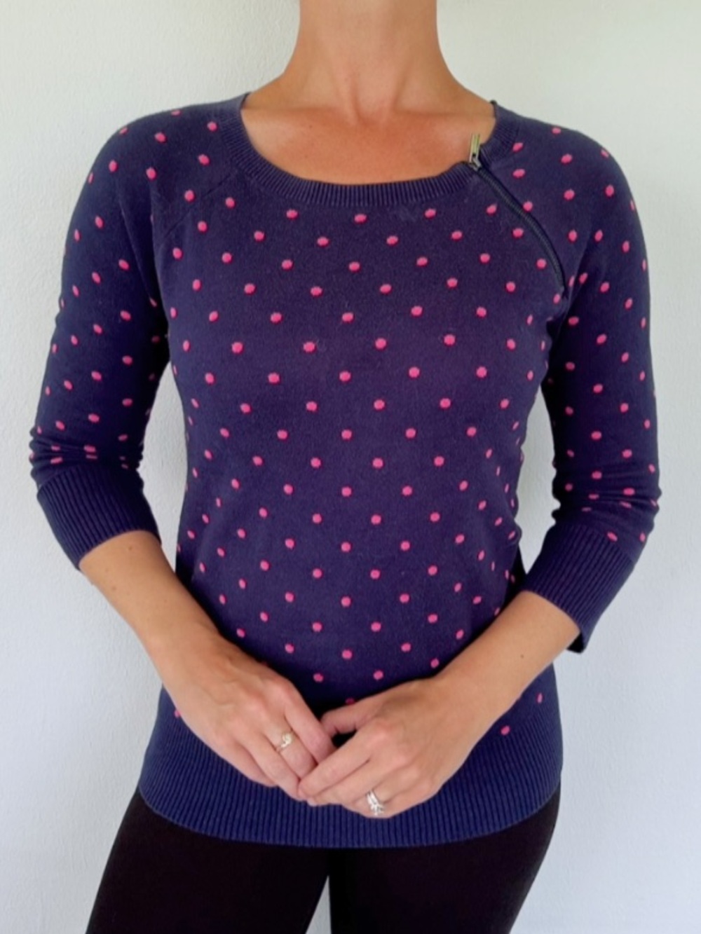 Liz Claiborne navy pink polka dot zipper accent 3/4 sleeve sweater size small